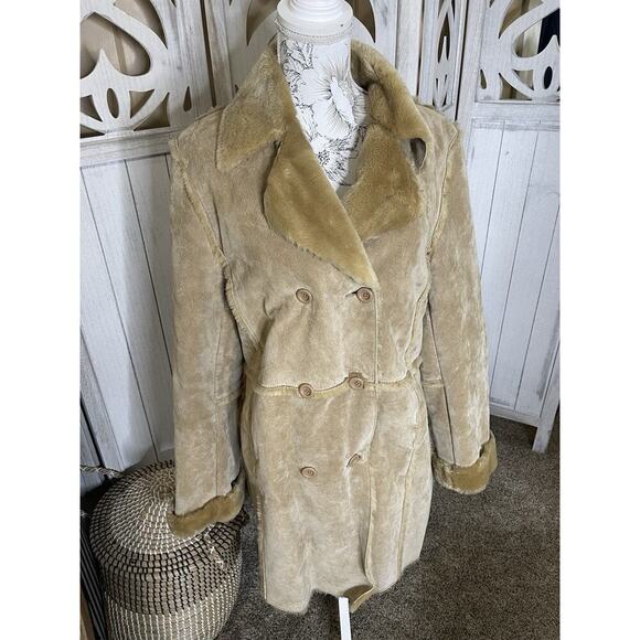 Marvin Richard’s Suede Leather Faux Fur Trim Tan Coat Size Large Y2K Vintage - Picture 1 of 11